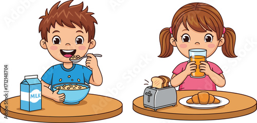 “Two children eating breakfast at table, boy with cereal and milk, girl with croissants and orange juice, healthy kids morning illustration”