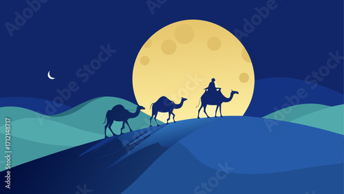 Camels walking through desert at night time