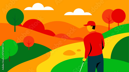 A golfer on a course with sunset hills