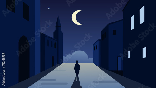 Person walking down a street at nighttime