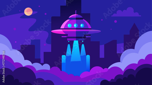 Ufo over city at night with moon and clouds