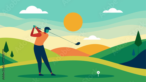 Man swinging golf club on a green course
