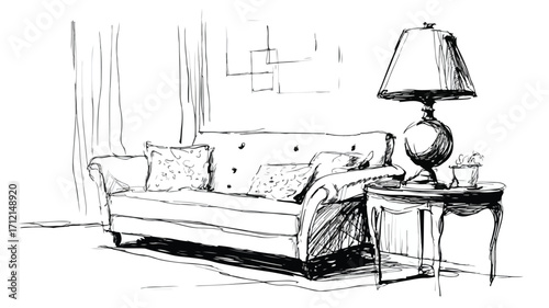 Hand-drawn Living Room Sketch with Couch and Lamp