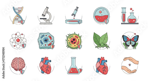 Scientific and biological icons representing various scientific concepts and elements.
