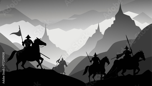 Silhouetted riders on horses in mountains