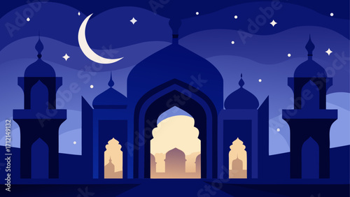 Mosque silhouette with moon and stars night