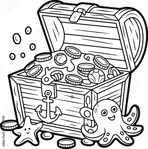 Open treasure chest overflowing with gold coins and jewels with a cute octopus and starfish perfect for children s illustrations and coloring pages