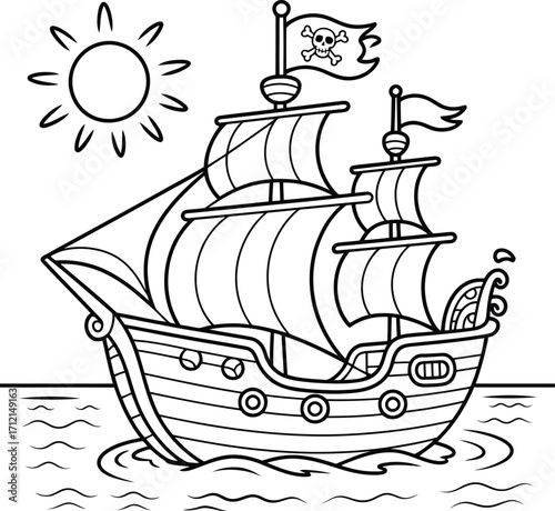 Black and white illustration of a majestic pirate ship sailing on the ocean under a bright smiling sun perfect for children s coloring pages
