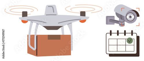 quadcopter carrying package, surveillance camera monitoring, calendar with marked date. Ideal for delivery, logistics, scheduling, monitoring, technology security futuristic concepts. Simple flat