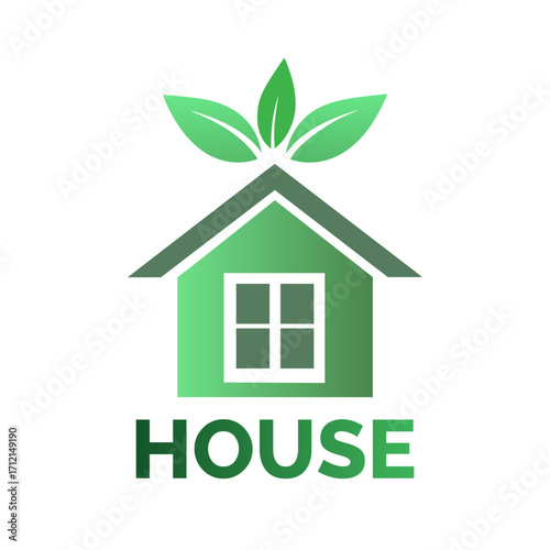 Green eco house logo with leaves and the word house