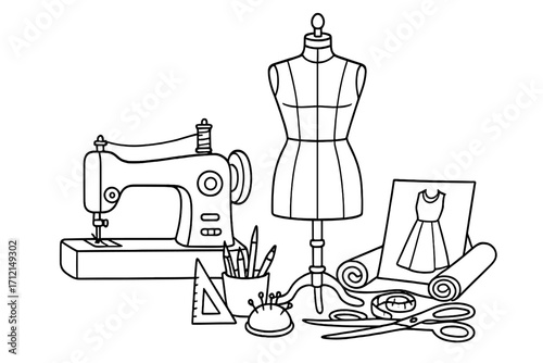 Fashion design atelier concept. Line art set with sewing machine, mannequin, fabric and tailor tools. Dressmaking, handmade clothing, craft and hobby vector illustration.