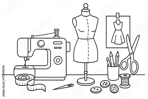 Sewing and tailoring line art set. Fashion design workplace with sewing machine, mannequin, and dressmaker tools. Vector illustration for handmade clothes and hobby craft.