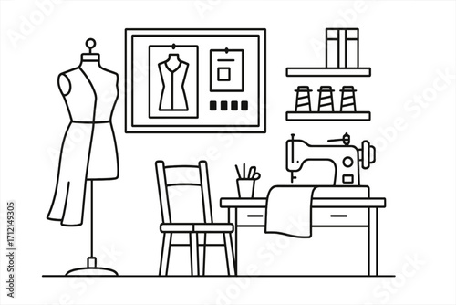 Fashion design studio in linear style. Vector illustration of a tailor's workshop. Sewing machine and mannequin for dressmaking. Seamstress craft and hobby. Atelier concept.
