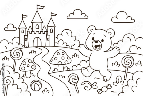 Cute bear in enchanted candyland coloring page. Vector cartoon illustration of a fairytale castle, lollipops, and sweets. Kids activity book outline art. Fantasy landscape.