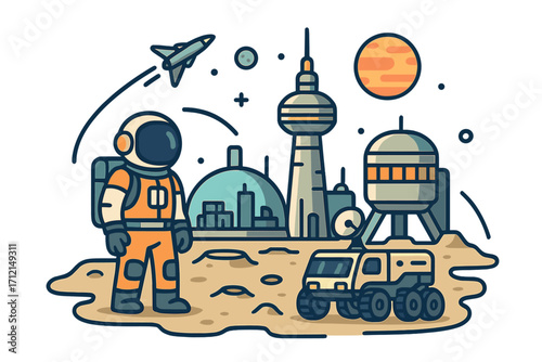 Futuristic space colony vector illustration. Astronaut on Mars with rover exploring the planet. Space exploration mission concept. Future technology, cosmos discovery cartoon set.