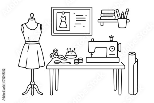 Fashion design studio, tailor workshop. Dressmaker or seamstress workplace. Sewing machine, mannequin, fabric. Handicraft, hobby, clothing creation. Outline vector illustration.