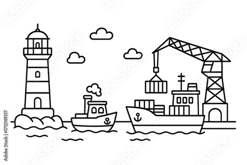 Harbor freight logistics concept. Cargo ship loading container by crane at port. Sea shipping industry. Tugboat, boat and lighthouse. Marine transport, import, export vector.