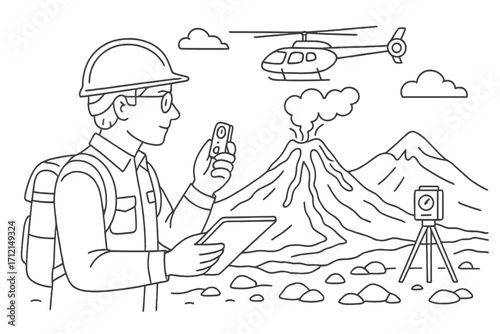 Geologist studying volcano eruption. Volcanologist research. Scientist at work. Man monitoring volcanic activity. Geology science expedition with helicopter and equipment.