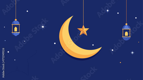Crescent moon and lanterns in night sky