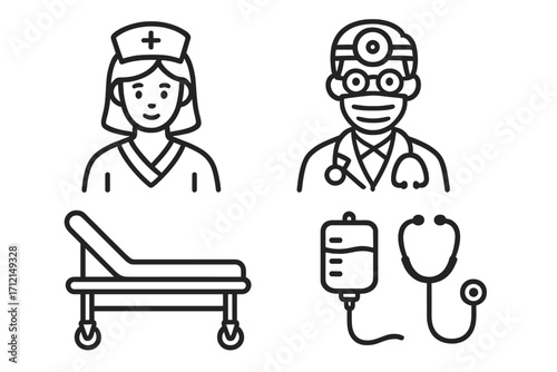 Healthcare professionals icon set. Medical line art with doctor, nurse, gurney stretcher, stethoscope, and IV drip bag. Simple vector illustration for hospital, clinic, health.