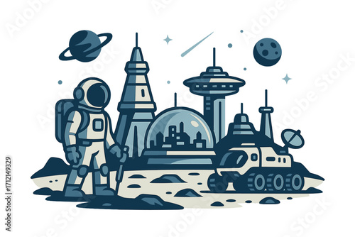 Futuristic space colony with astronaut and rover on alien planet. Vector cartoon for cosmos exploration, space travel, sci-fi concept. Universe colonization illustration.