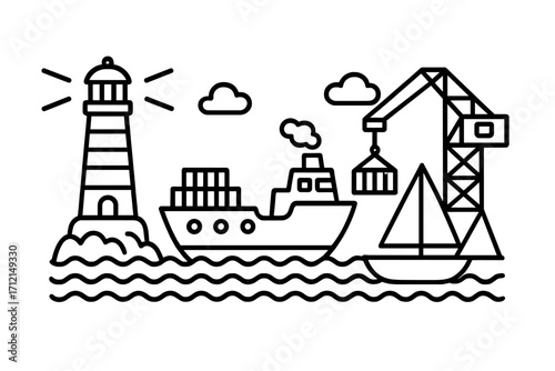 Linear harbor scene with cargo ship and crane. Maritime transport logistics concept. Sea port with freighter, lighthouse and sailboat. Vector illustration for import and export.