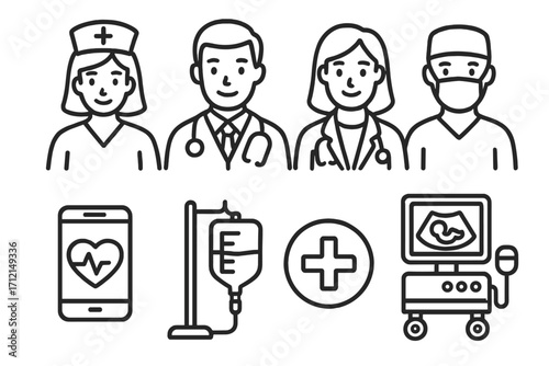 Medical and healthcare icon set in simple line art. Vector illustration of doctor, nurse, surgeon team. Hospital equipment symbols: ultrasound, iv drip, telemedicine app.
