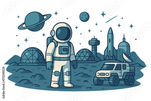 Astronaut on alien planet. Futuristic space colony, rover, and rocket. Mars exploration and colonization concept. Cartoon vector illustration of a space base on the moon.