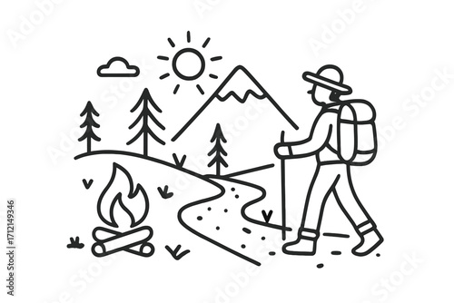 Hiker walking on mountain trail with campfire. Outdoor adventure, trekking and camping concept. Minimalist line art vector illustration for travel and exploration logo or icon.