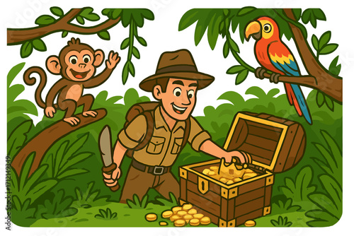 Jungle adventure with explorer finding treasure chest. Cartoon scene with man, monkey, and parrot. Vector illustration of a discovery in the rainforest. Gold coins and crown.