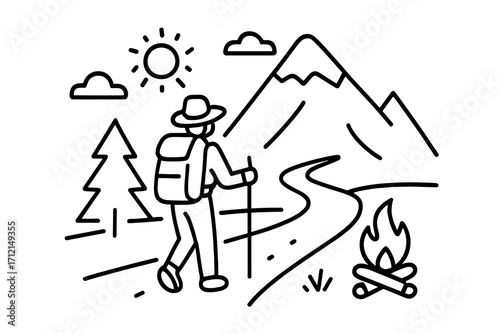 Minimalist line art of hiker on a scenic trail. Vector illustration of backpacking adventure and outdoor trekking. Concept for travel, camping with campfire, and nature exploration.
