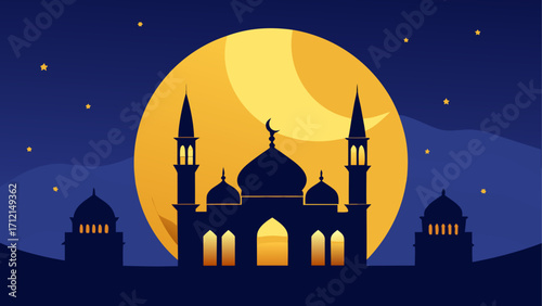 Mosque silhouette under crescent moon night
