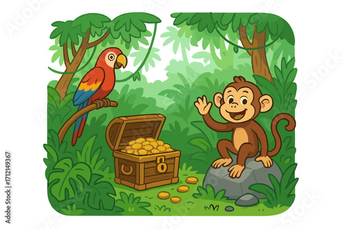 Jungle adventure with a cute monkey and parrot finding a treasure chest full of gold coins. Vector cartoon illustration of tropical rainforest animals on a treasure hunt.