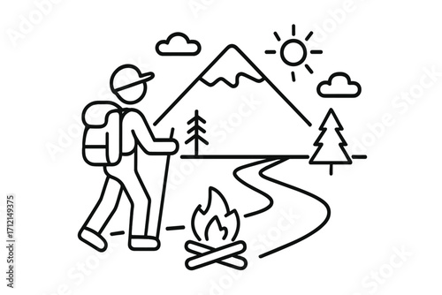Hiker with backpack on scenic mountain trail. Vector line art icon of trekking, camping adventure. Minimalist illustration of person walking, campfire, pine trees, and sun.