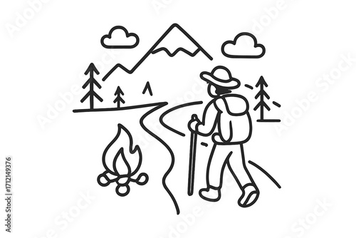 Hiker walking on mountain trail with campfire. Minimalist line art of outdoor adventure, trekking and camping. Concept for exploration, nature, travel and wanderlust vector.