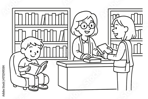 Library scene with child reading and librarian helping student borrow a book. Outline vector cartoon illustration for a coloring book. Education, knowledge, and literature concept.