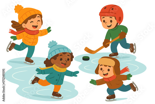 Multicultural children winter sports activity. Cartoon kids ice skating, playing hockey on frozen pond. Happy friends enjoying cold season fun. Vector character illustration set.