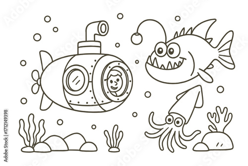 Submarine journey for kids coloring page. Line art cartoon of underwater adventure with anglerfish and squid. Deep sea exploration with marine life vector illustration set.
