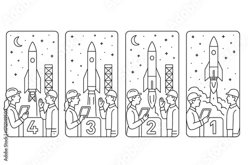 Rocket launch countdown sequence vector illustration. Engineers controlling spaceship liftoff stages. Space mission concept from start to finish. Business startup metaphor.