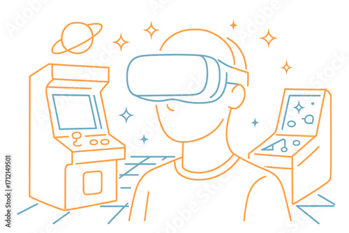 Virtual reality gaming concept. Man in VR headset in retro arcade room. Futuristic line art. Metaverse, cyberspace simulation. Nostalgic 80s 90s video games. Vector illustration.