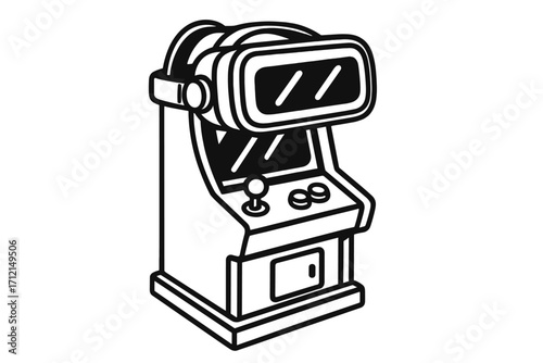 Retro arcade machine with VR headset line art. Gaming evolution concept. Old classic vs new modern tech. Virtual reality meets 80s video games. Gamer nostalgia vector icon.
