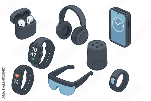 Smart gadgets and wearable technology collection in modern isometric style. Vector illustration set with smartphone, smartwatch, headphones, smart speaker, glasses, and ring.