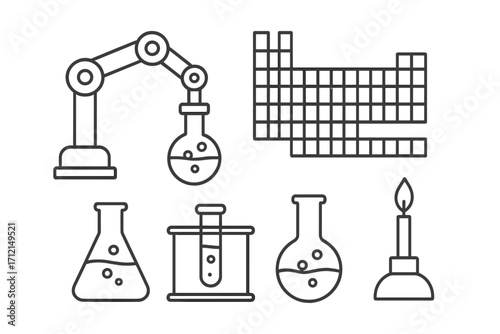 Science lab equipment icon set in thin line style. Vector illustration of chemistry research symbols including periodic table, robotic arm, flask, test tube and bunsen burner.