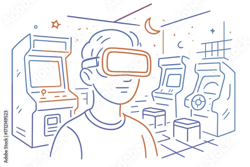 Virtual reality gaming in retro arcade. Man in VR headset in 80s video game room. Futuristic metaverse tech concept. Gamer life. Line art vector cartoon illustration.