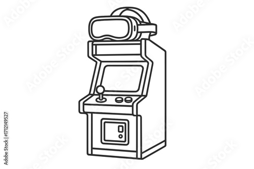 Retro arcade machine with VR headset. Evolution of gaming concept. Virtual reality meets classic video games. Nostalgia for 80s 90s. Line art vector icon illustration.