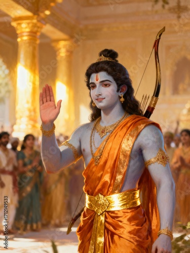 Lord rama, the hindu deity, stands with a bow and arrow, blessing his devotees in a temple