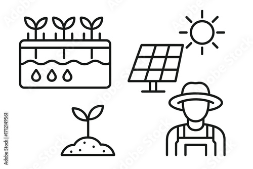 Sustainable agriculture line icon set. Hydroponics, solar panel, farmer, and plant sprout. Smart farming concept with renewable energy. Eco friendly vector illustration.