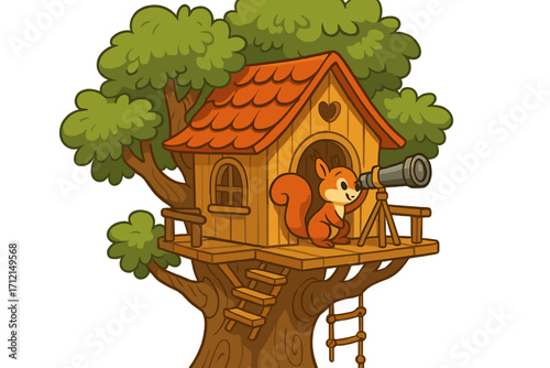 Cute cartoon squirrel in a whimsical wooden treehouse looking through a telescope. Playful animal character on an adventure, exploring and discovering. Vector illustration.