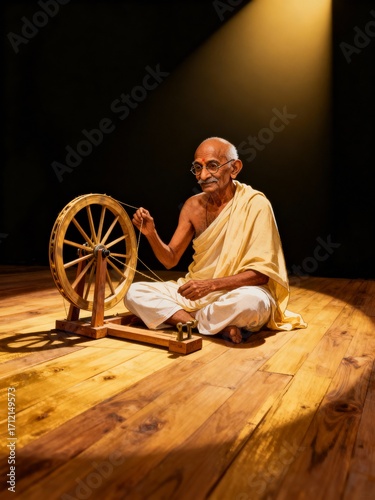 Mahatma gandhi sitting and spinning thread on a charkha, symbolizing selfsufficiency and independence