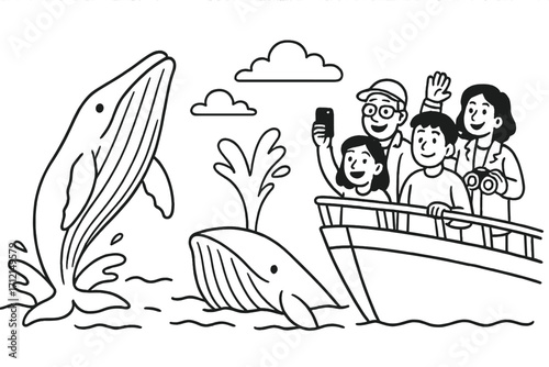 Whale watching tour with happy family on a boat. Vector cartoon line art of tourists observing breaching whales. Sea life safari, ocean adventure, and eco-tourism concept.